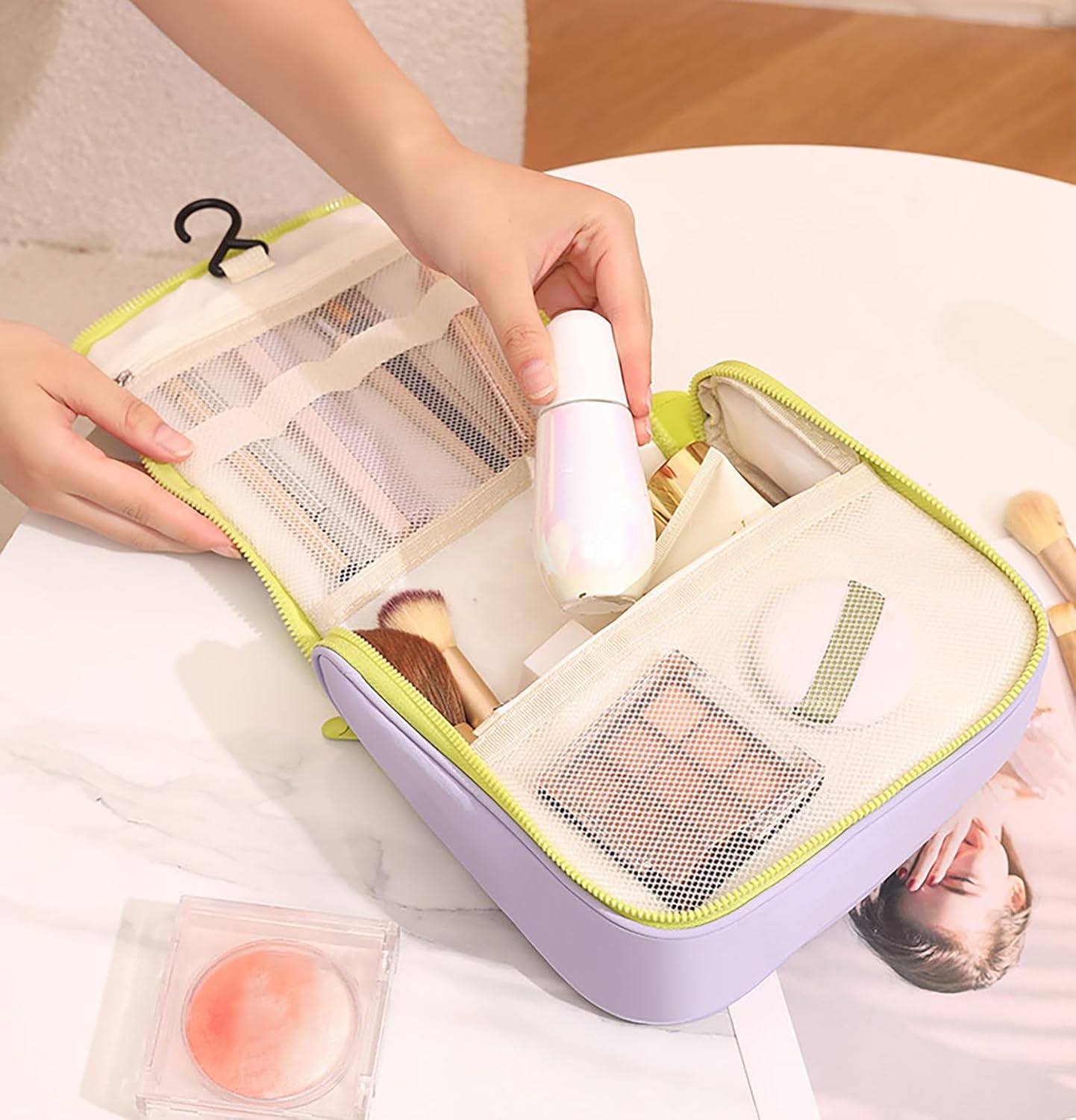 Hanging Toiletry Bag for Women – Water-Resistant Travel Makeup Organizer with Multiple Compartments & Padded Handle