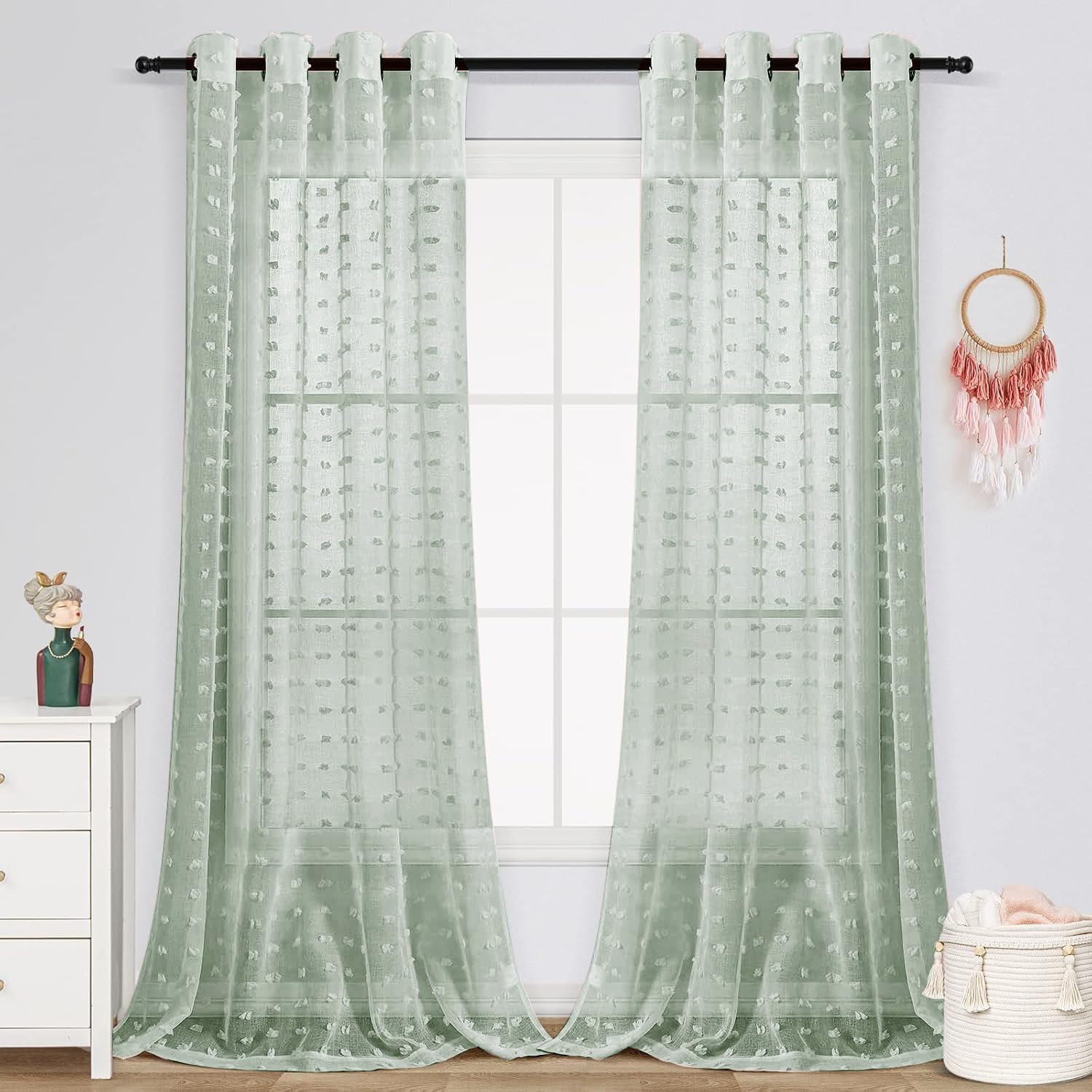 Pom Pom Grommet Sheer Curtains 8 Feet 2 Panels 96 Inch (Pack of 2)