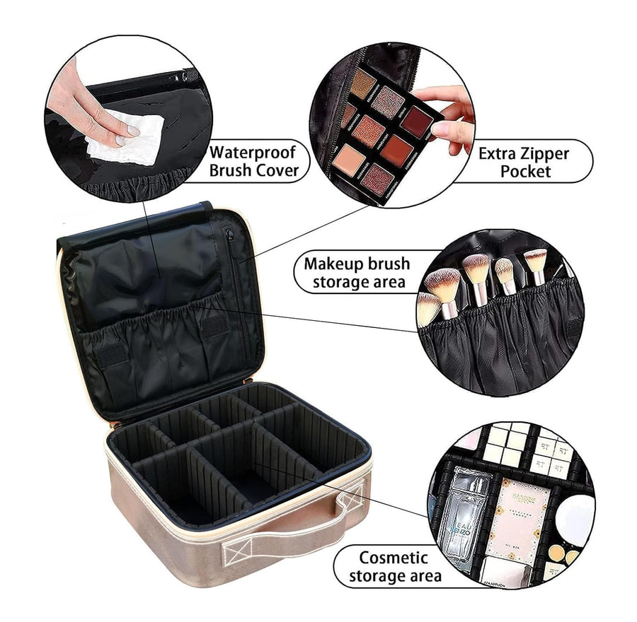 Makeup Cosmetic Storage Case with Adjustable Compartment (Shimmer Gold)