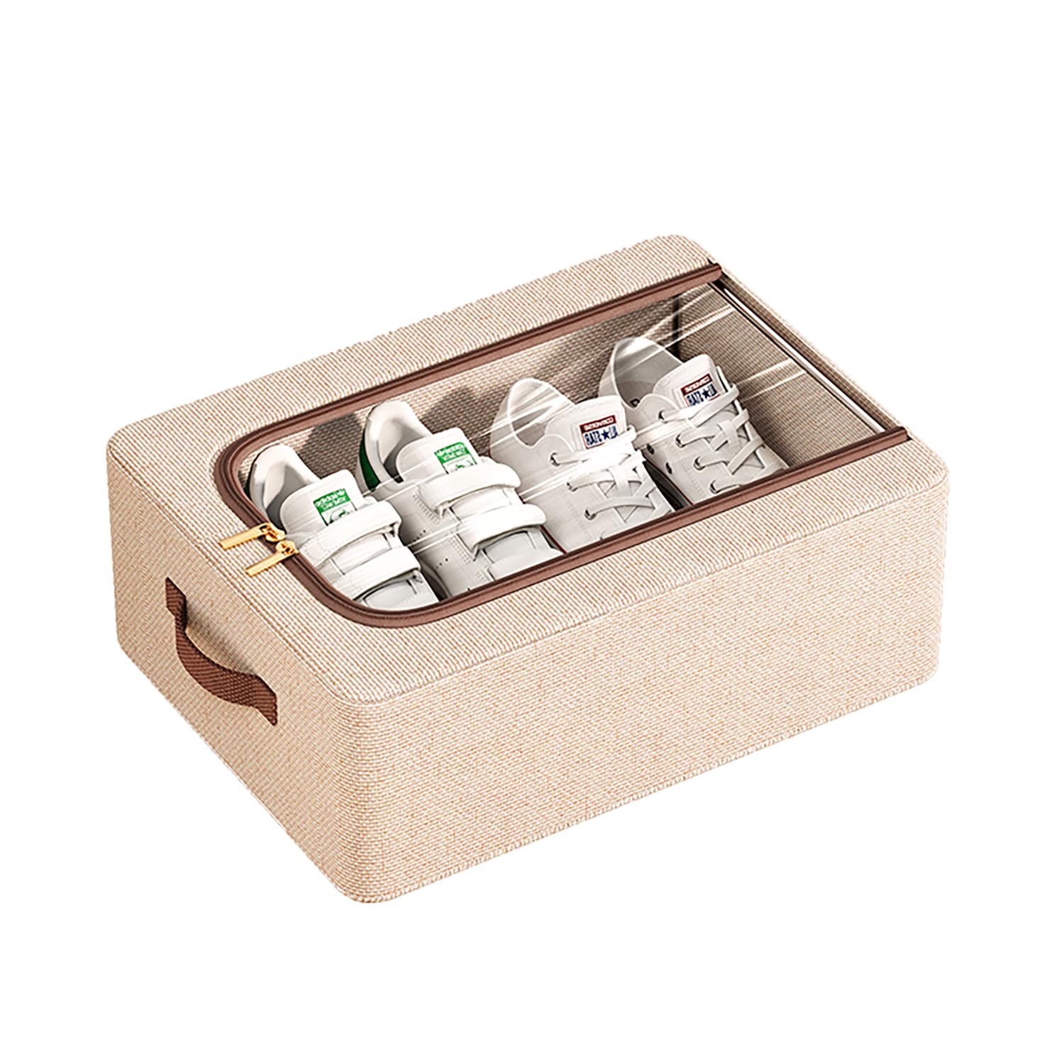 Cotton Linen Foldable Under Bed Storage Box with Transparent Lid-Beige