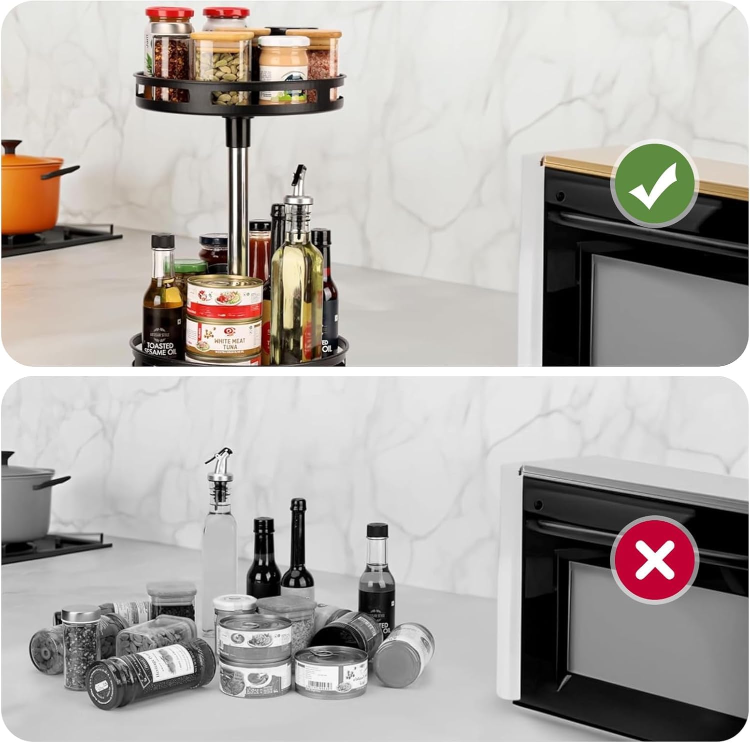 2-Tier Rotating Lazy Susan Organizer – Adjustable Metal Spice Rack for Kitchen & More