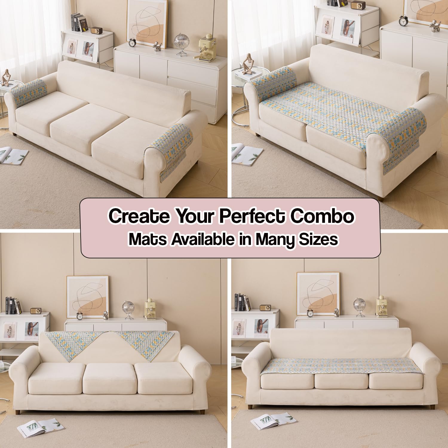 Printed Sofa Cover for Indian Sofa Set Quilted, Washable & Durable (Grey Garland)