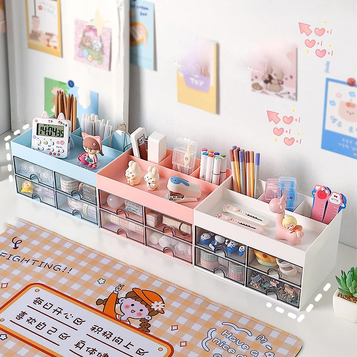 Desk Organiser with Drawer, Multifunctional 4 Plastic Compartments-White