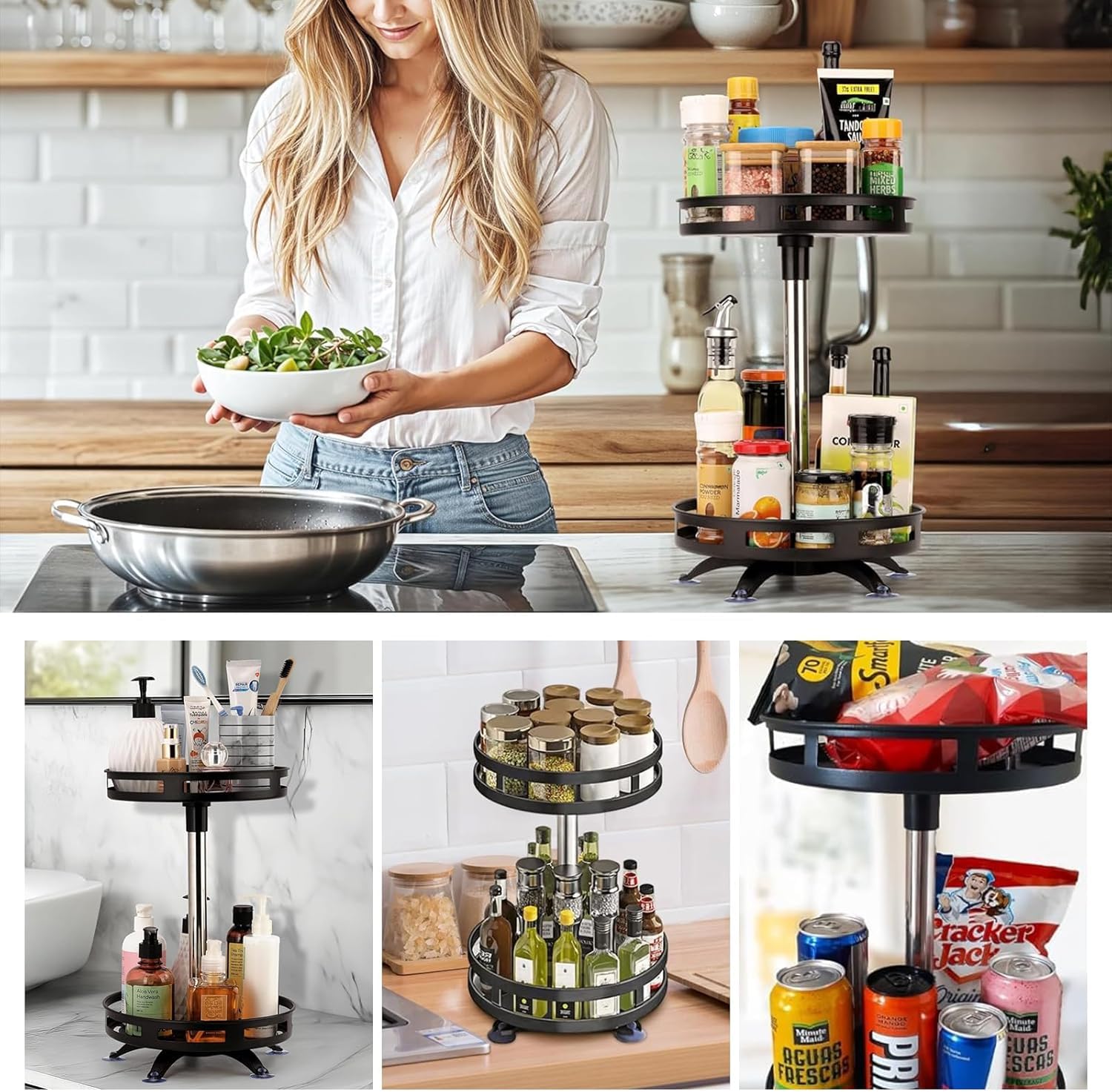 2-Tier Rotating Lazy Susan Organizer – Adjustable Metal Spice Rack for Kitchen & More