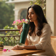 1200ML Stainless Steel Tumbler with Handle and 2 Straw Flip Lid Hot & Cold Bottle