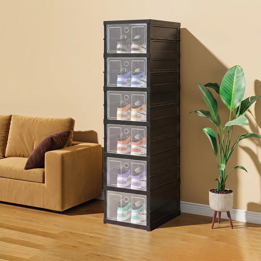 6-Layer Foldable & Stackable Shoe Cabinet with Transparent Front Door (Transparent)
