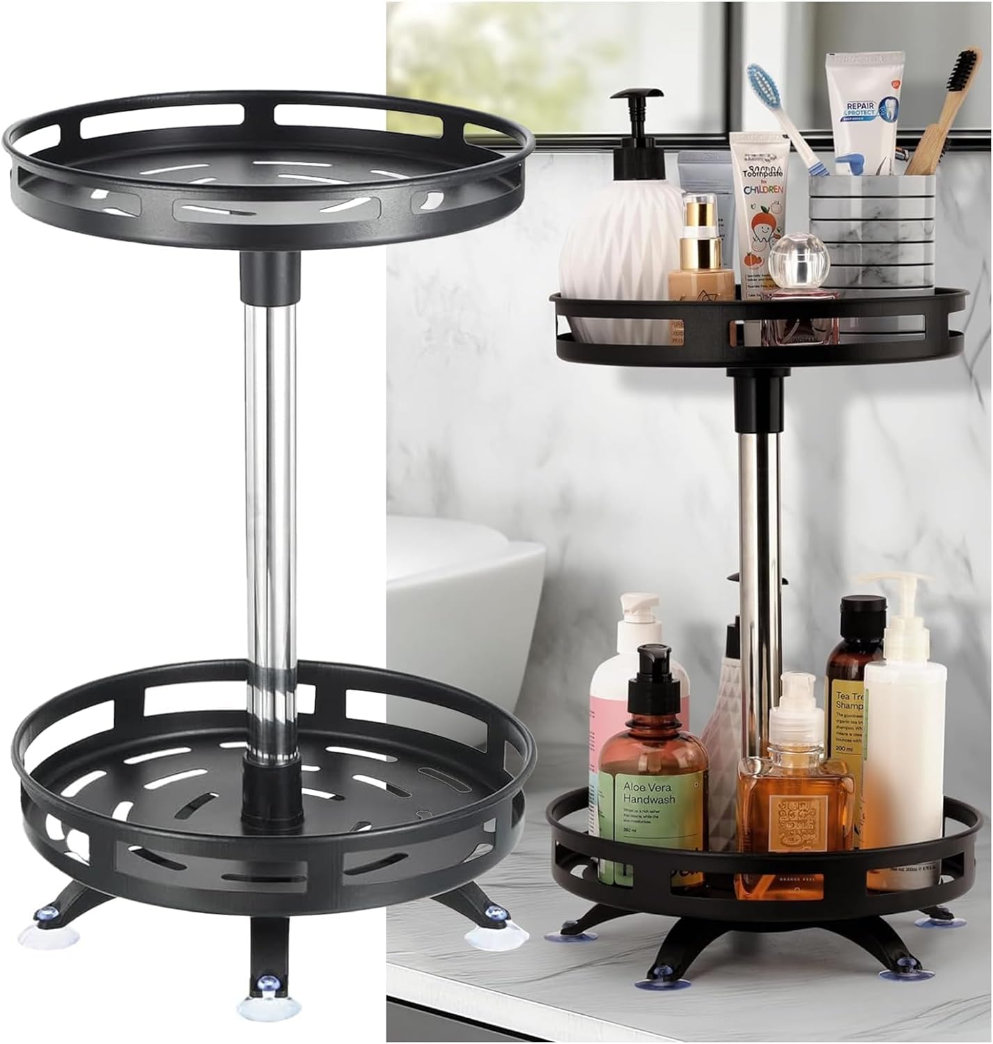 2-Tier Rotating Lazy Susan Organizer – Adjustable Metal Spice Rack for Kitchen & More