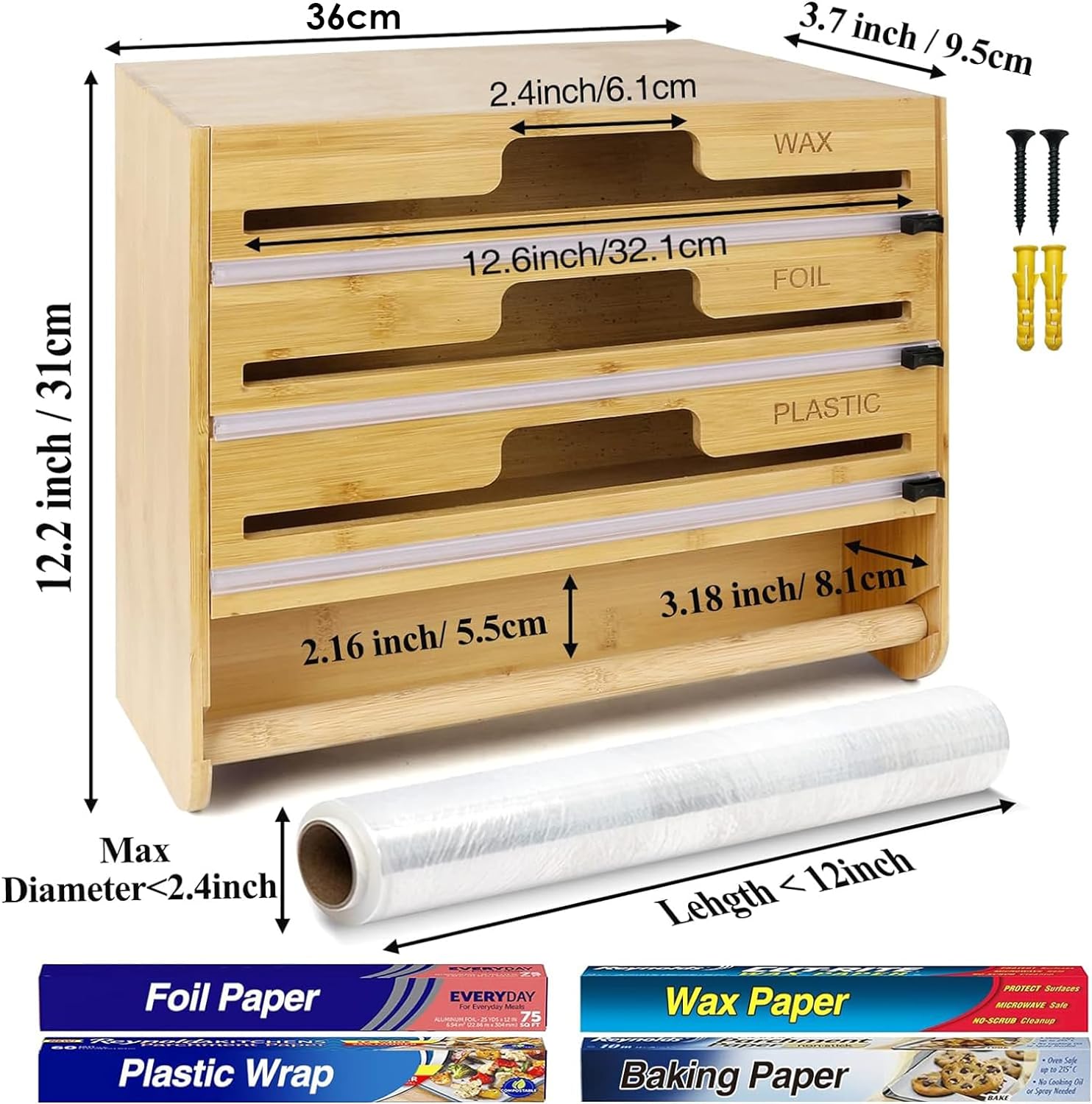 Foil and Plastic Wrap Organizer, Wall Mount, 5 in 1 Plastic Wrap Food Dispenser with Cutter