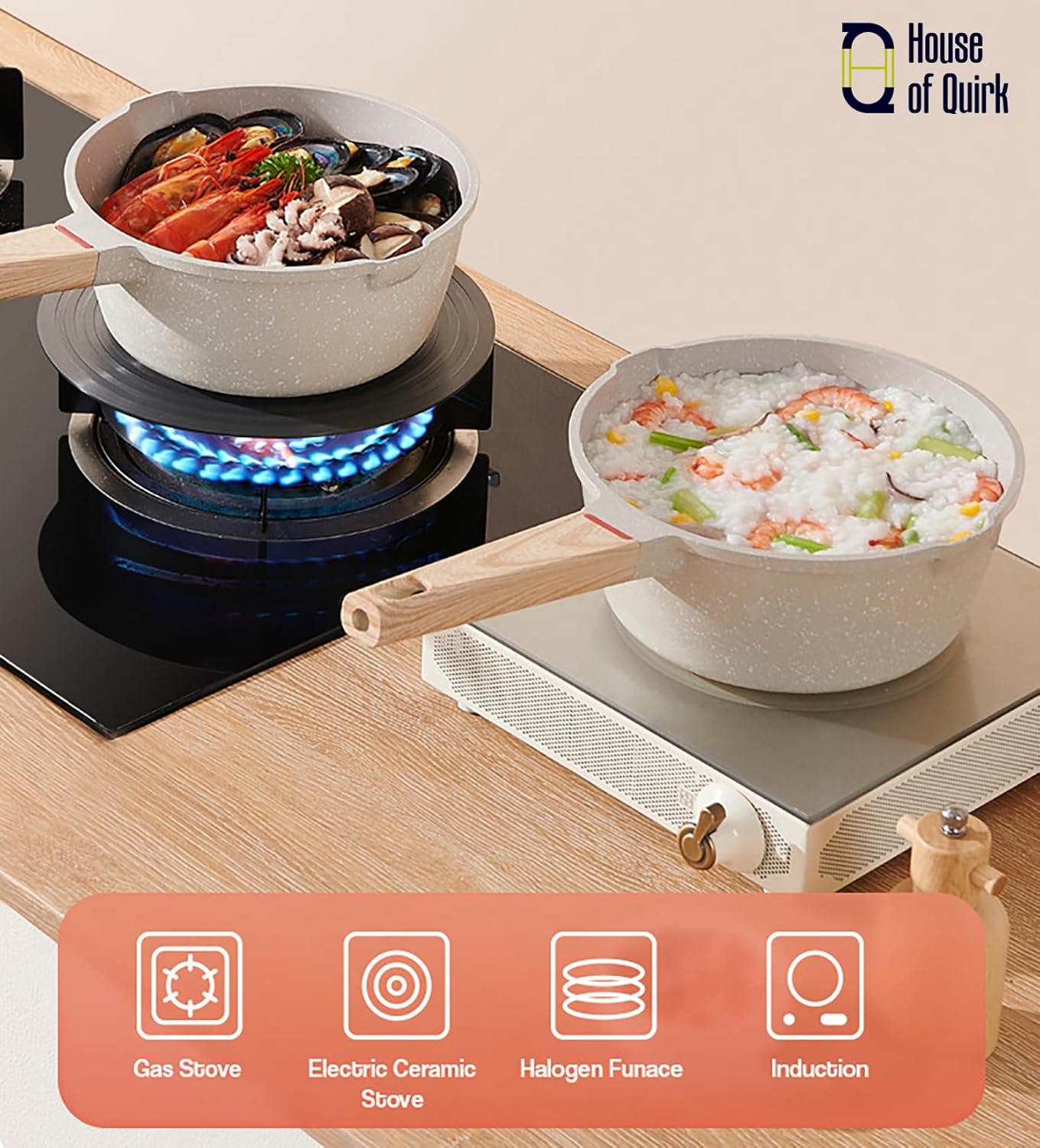 Maifan Stone Nonstick Sauce Pan with Glass Lid Wooden Handle (Granite Beige)