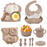 9 Pcs Silicone Baby Feeding Set | Dinosaur Divided Plate