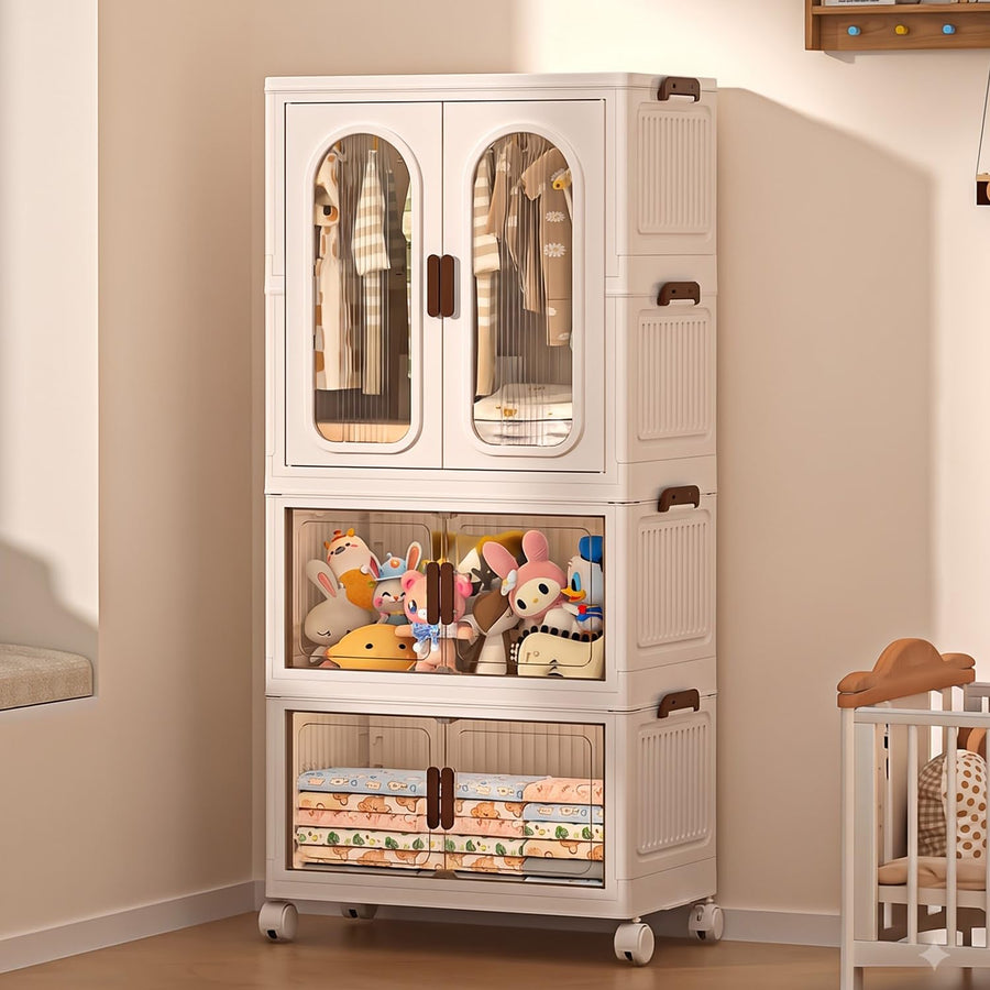 1-Layer Wardrobe with Multi Layer Folding Storage Box - White