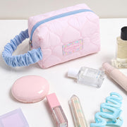 Korean Quilted Makeup Bag for Women, Heart Pattern Cosmetic Pouch