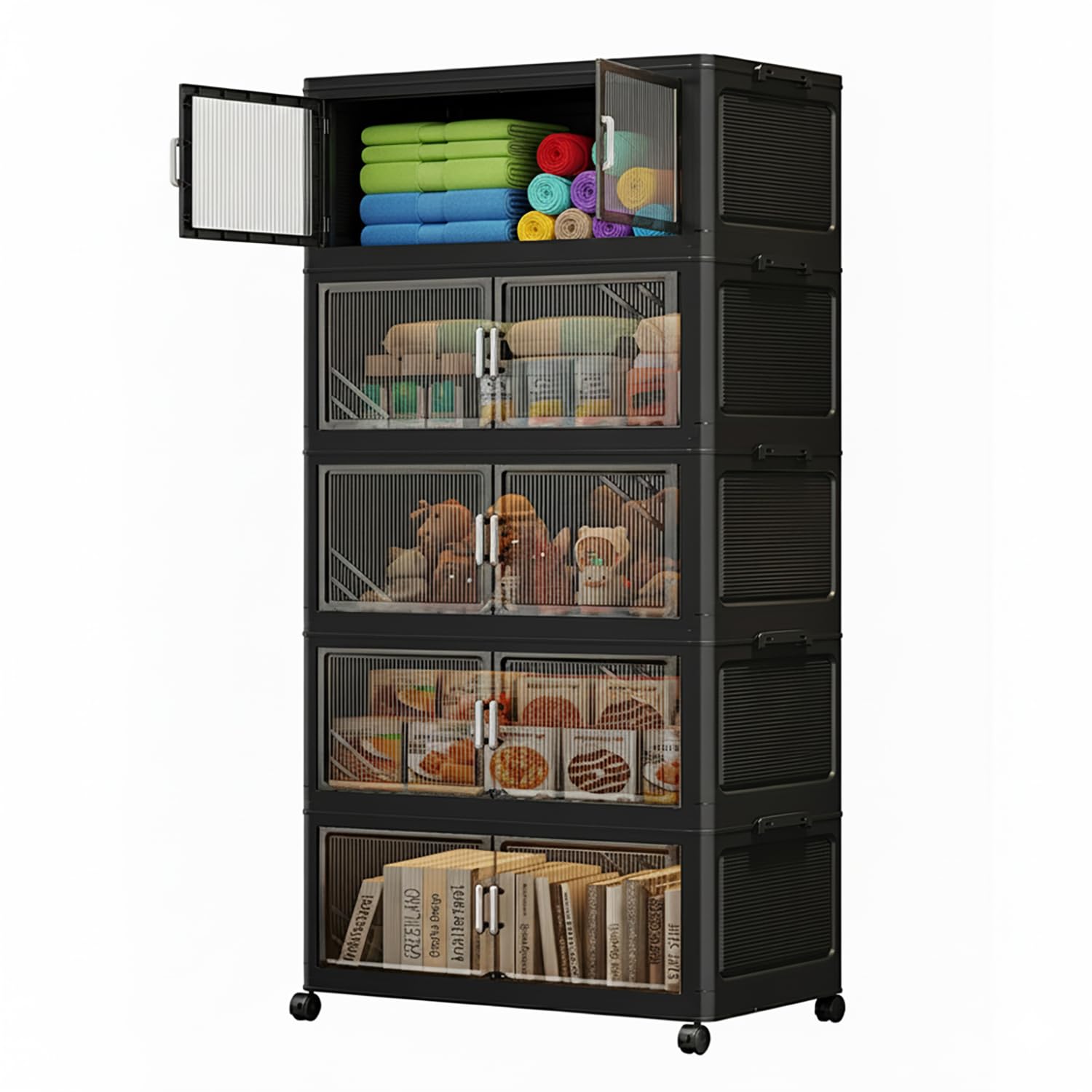 Foldable Storage Box with Wheels & Transparent Windows (Black, 62cm)