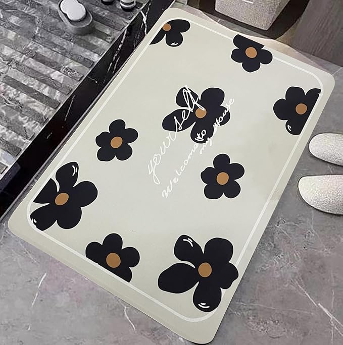 Absorbent Quick Dry Non Slip, Washable Bath Mat (Yourself Black Flower)