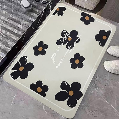 Absorbent Quick Dry Non Slip, Washable Bath Mat (Yourself Black Flower)