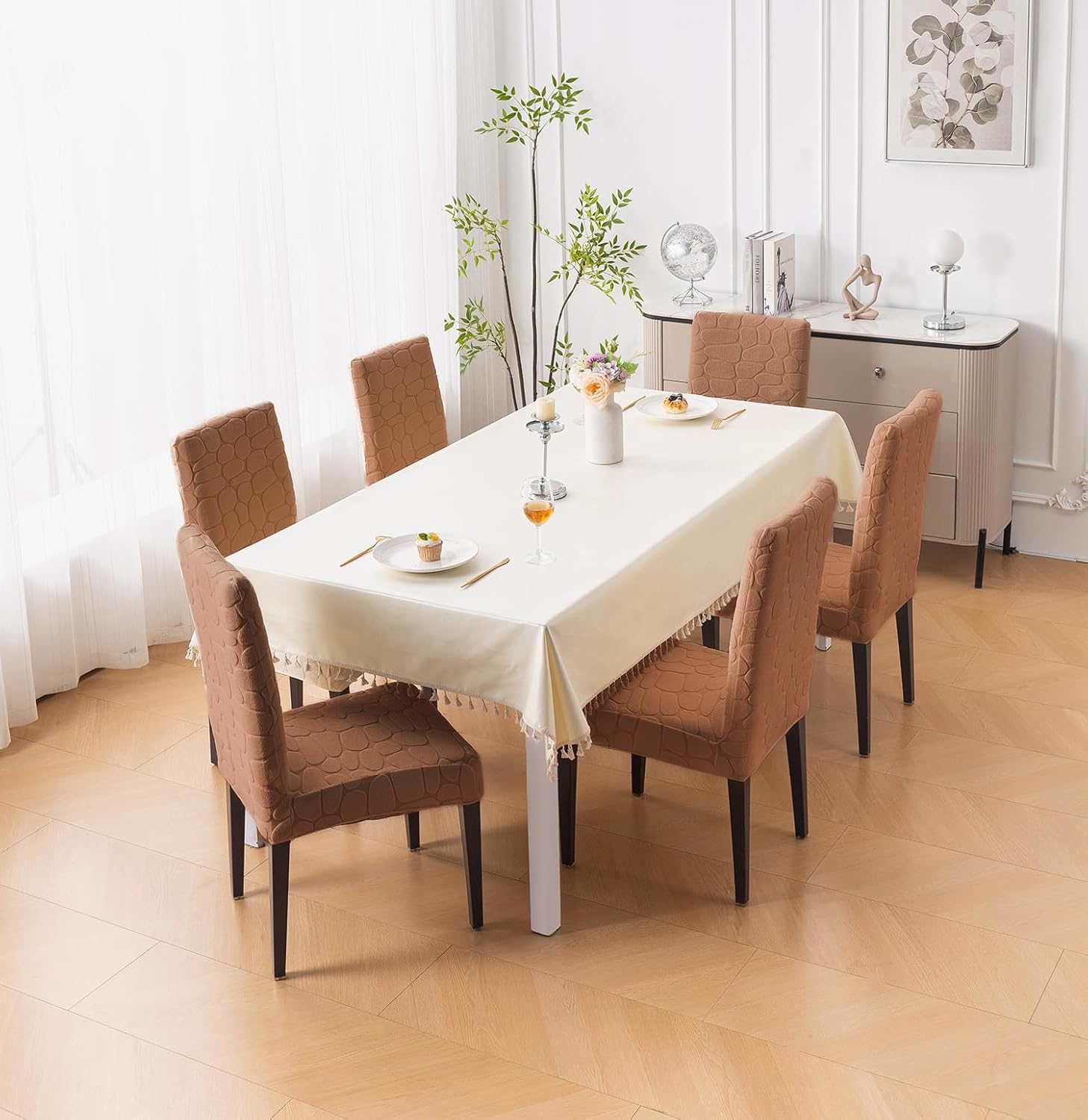 Premium Stretch Dining Chair Covers – 220 GSM Thick Jacquard Fabric- Brown