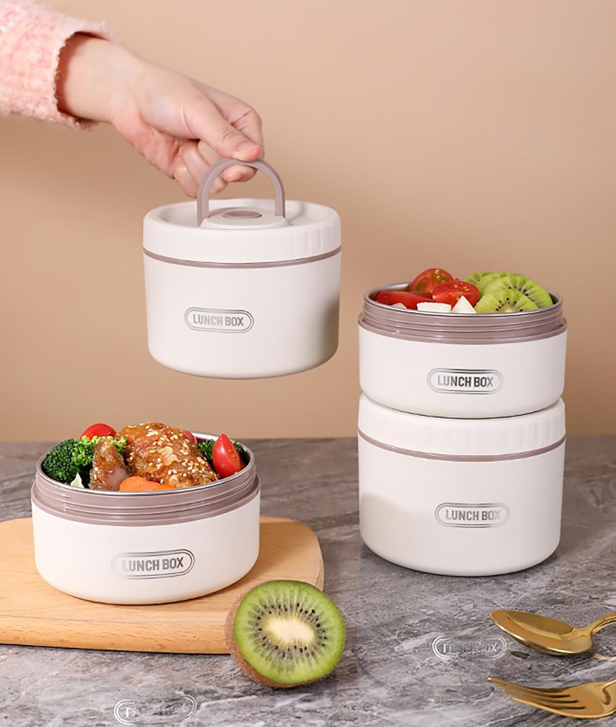 304 Stainless Steel Bento Box with Thermal Case – 4-Tier, Microwave Safe (Beige)