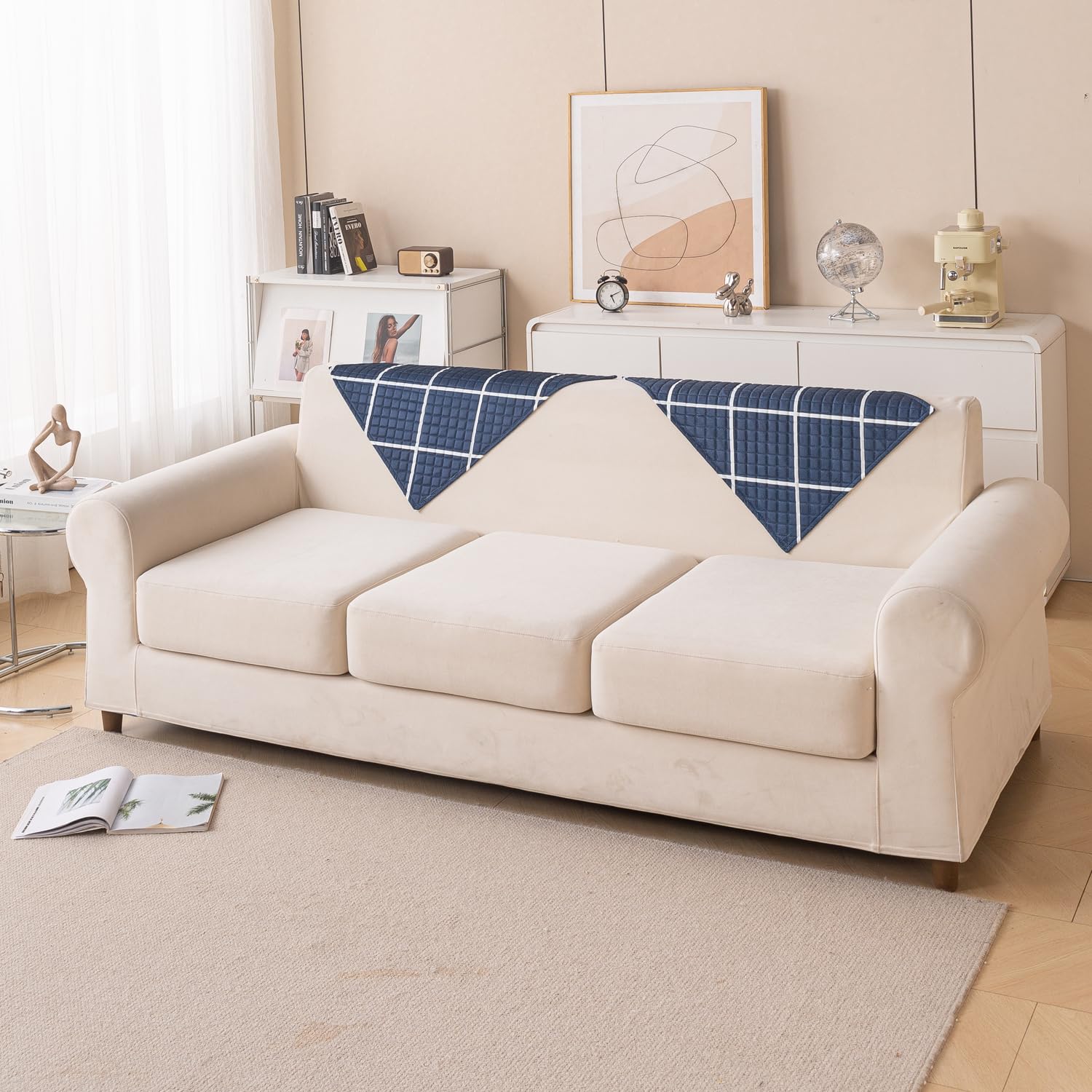 Printed Sofa Cover for Indian Sofa Set Quilted, Washable & Durable (Blue Diamond)