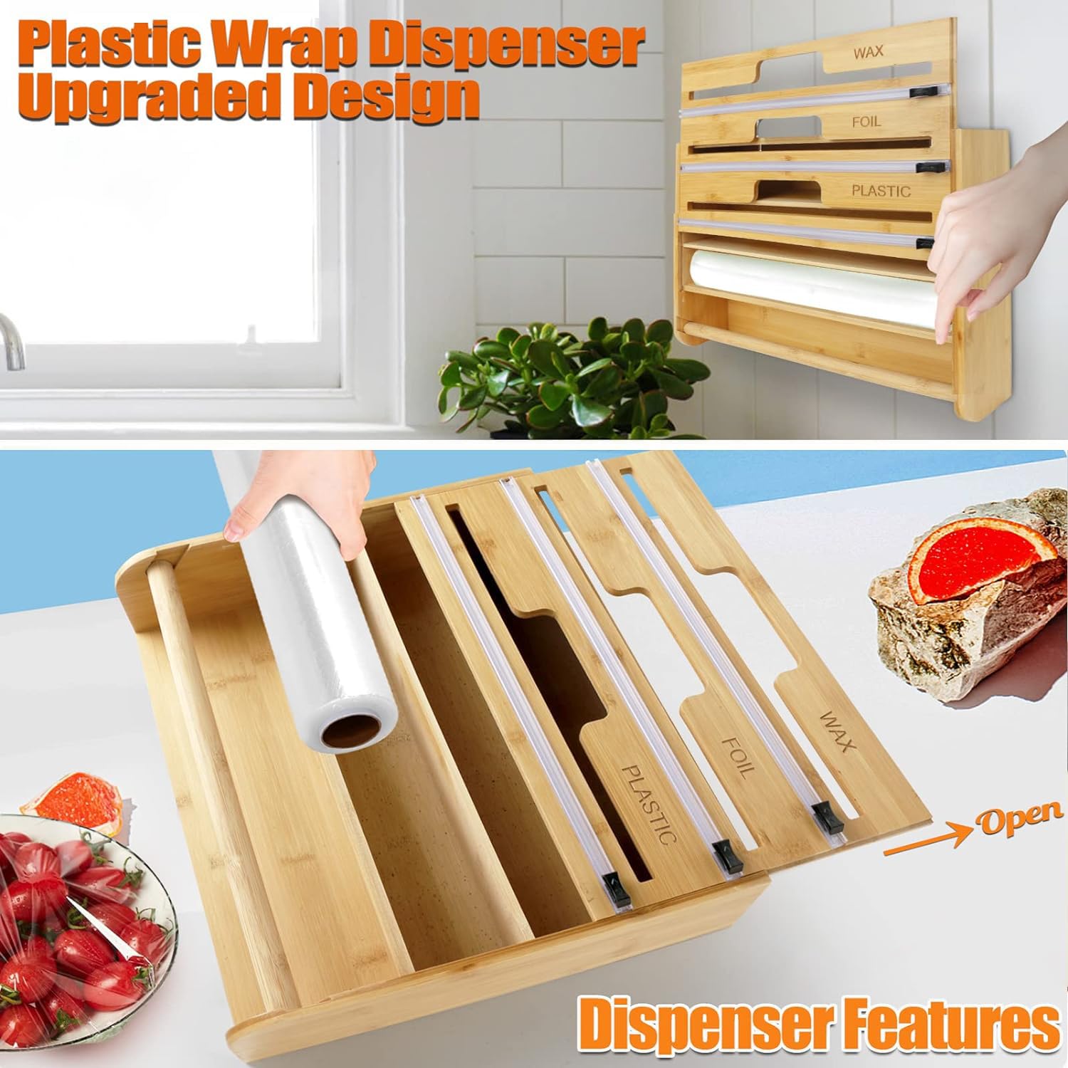 Foil and Plastic Wrap Organizer, Wall Mount, 5 in 1 Plastic Wrap Food Dispenser with Cutter
