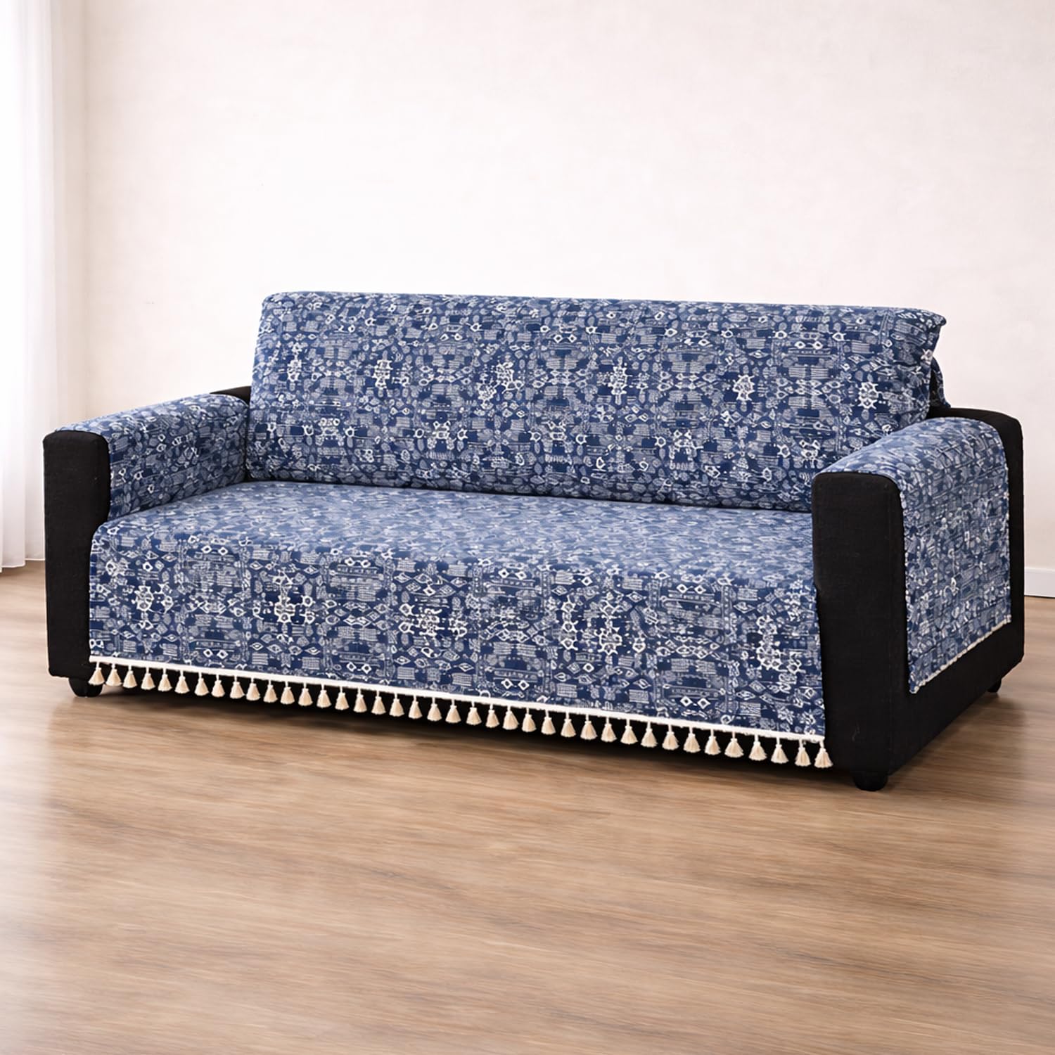 IKATRA Series Quilted Printed Sofa Cover for Indian Sofa Set with Side Pocket (Blue Bohemian)
