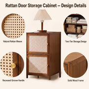 Wooden Cane Storage Cabinet with Rattan Doors - Brown