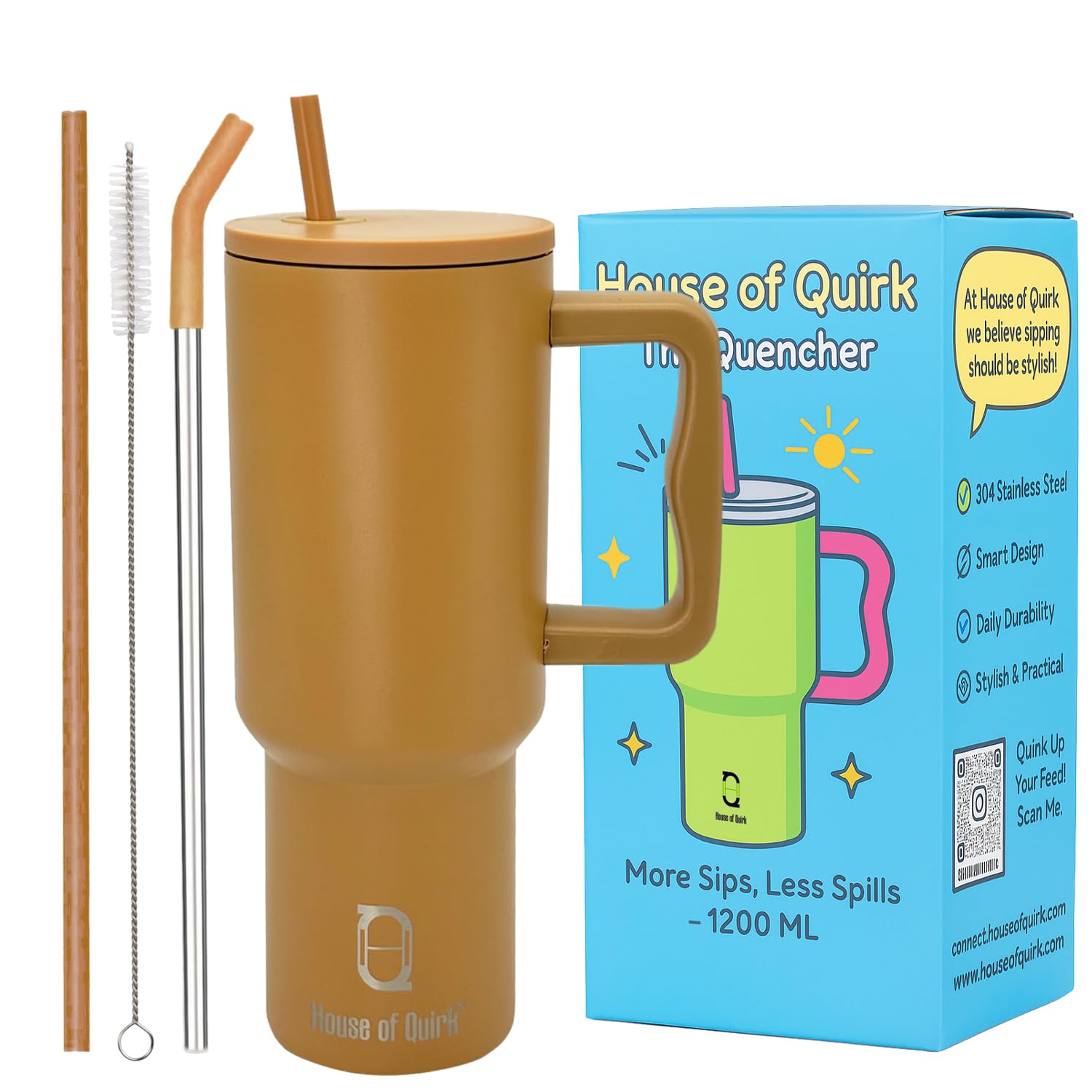Stainless Steel Vacuum Insulated Tumbler with Straw and Lid & Handle - (1200 ML) (Solid colors)