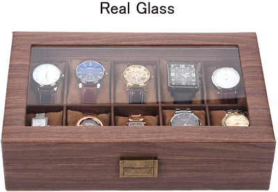 Wooden Look 10 Slot Watch Box Organizer Watch Case with Glass Top Antique Lock