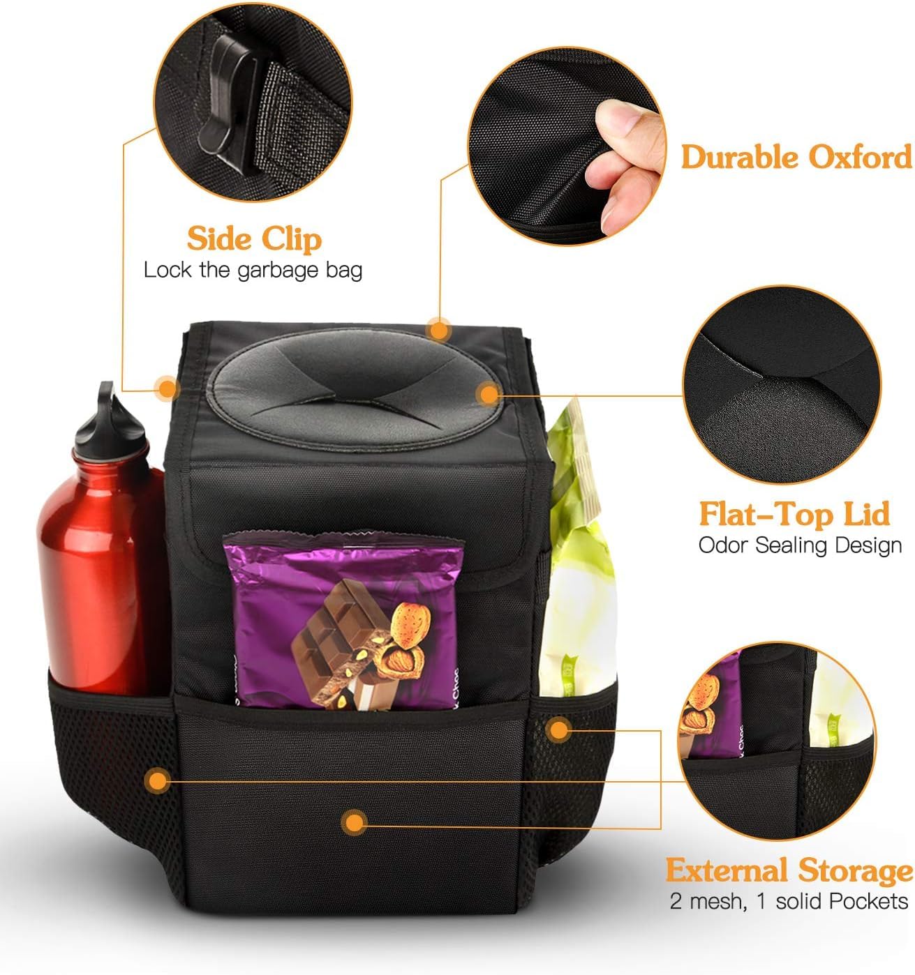 Car Trash Can with Foldable Lid and Storage Pockets, Bag for Car (Black)
