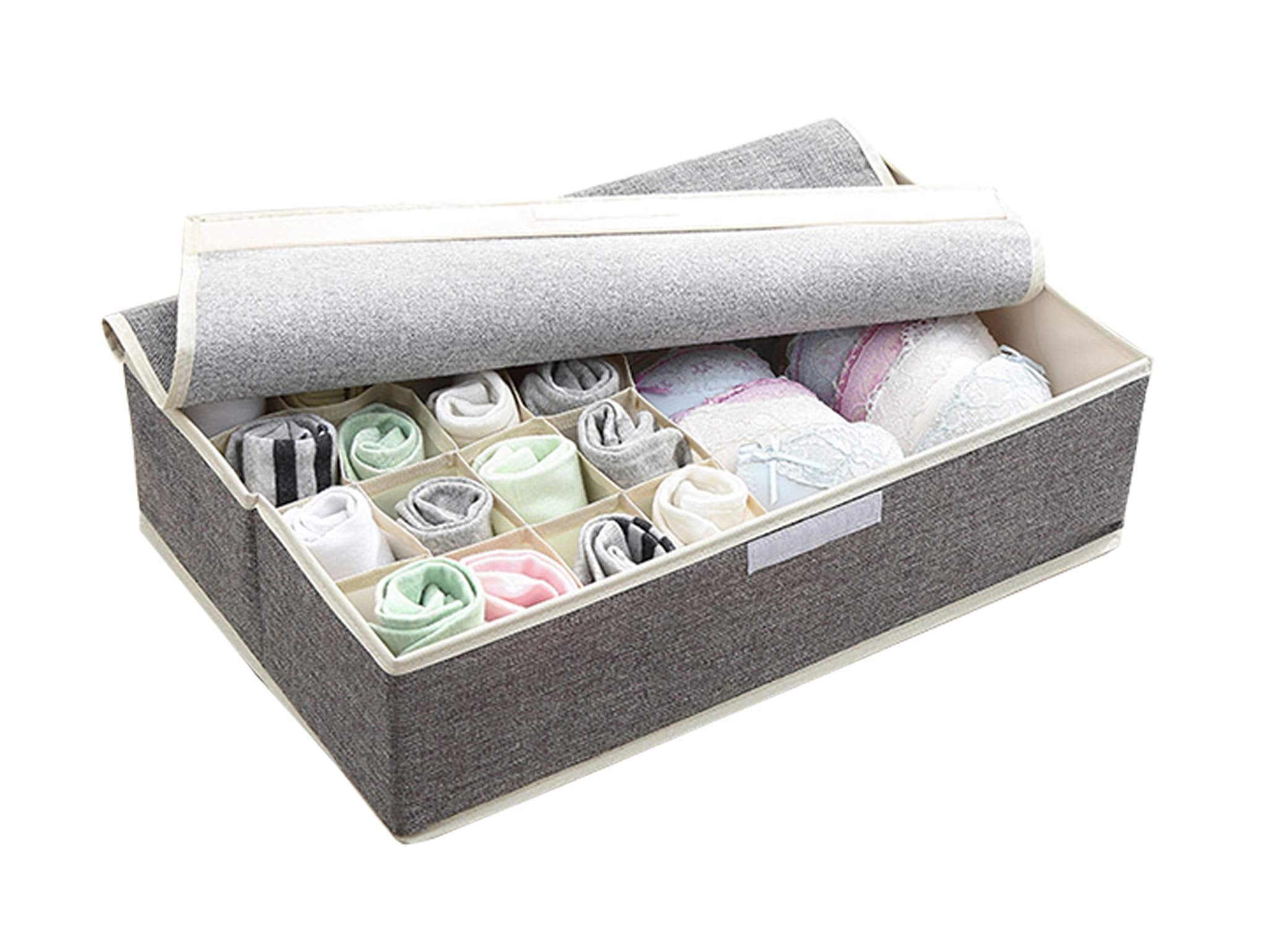Innerwear Organizer 16+1 Compartment  Foldable Fabric Storage Box(44 x 28 x 12 cm Linen Grey Cream)
