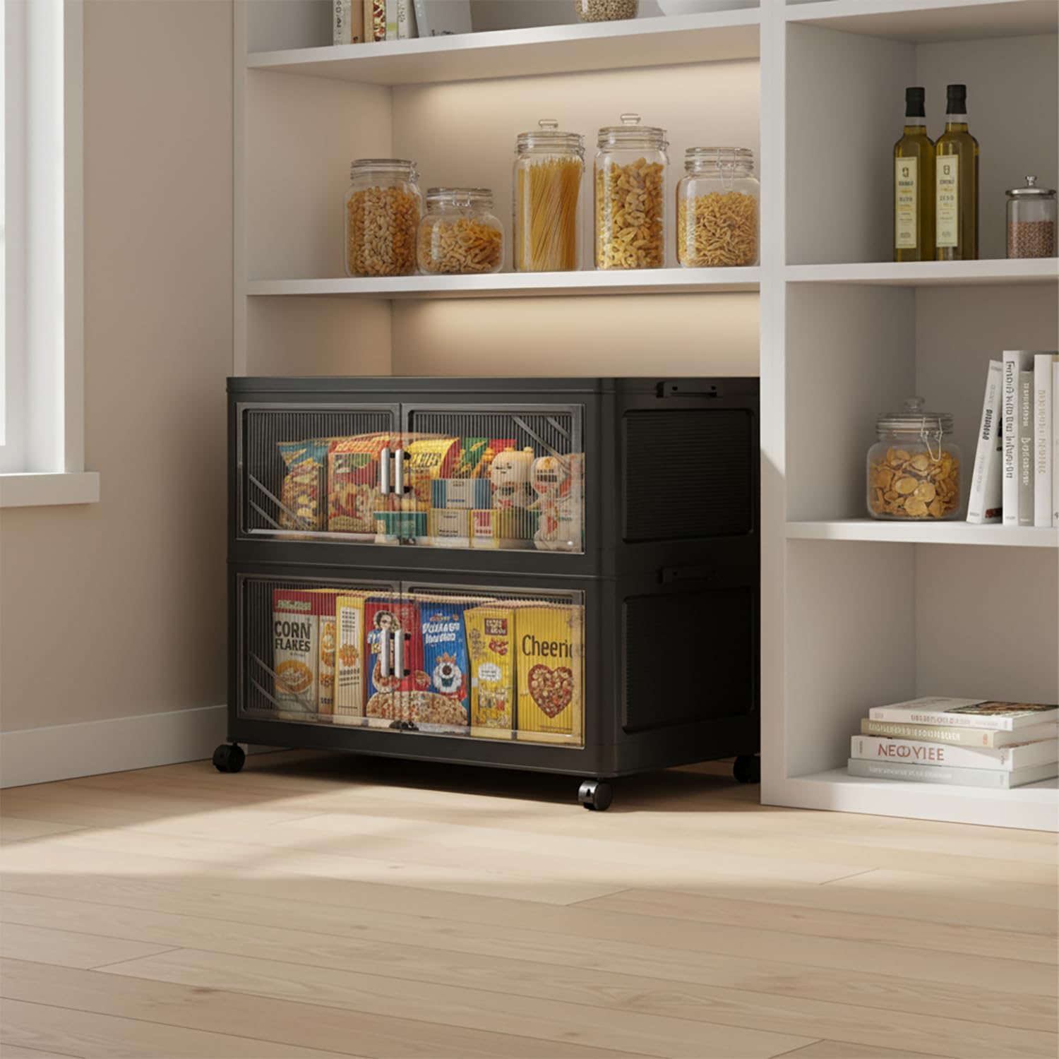 Foldable Storage Box with Wheels & Transparent Windows (Black, 62cm)