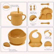9 Pcs Silicone Baby Feeding Set | Dinosaur Divided Plate, Bowl, Spoons, Forks & Bib