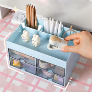 Desk Organiser with Drawer, Multifunctional 4 Plastic Compartments - Blue