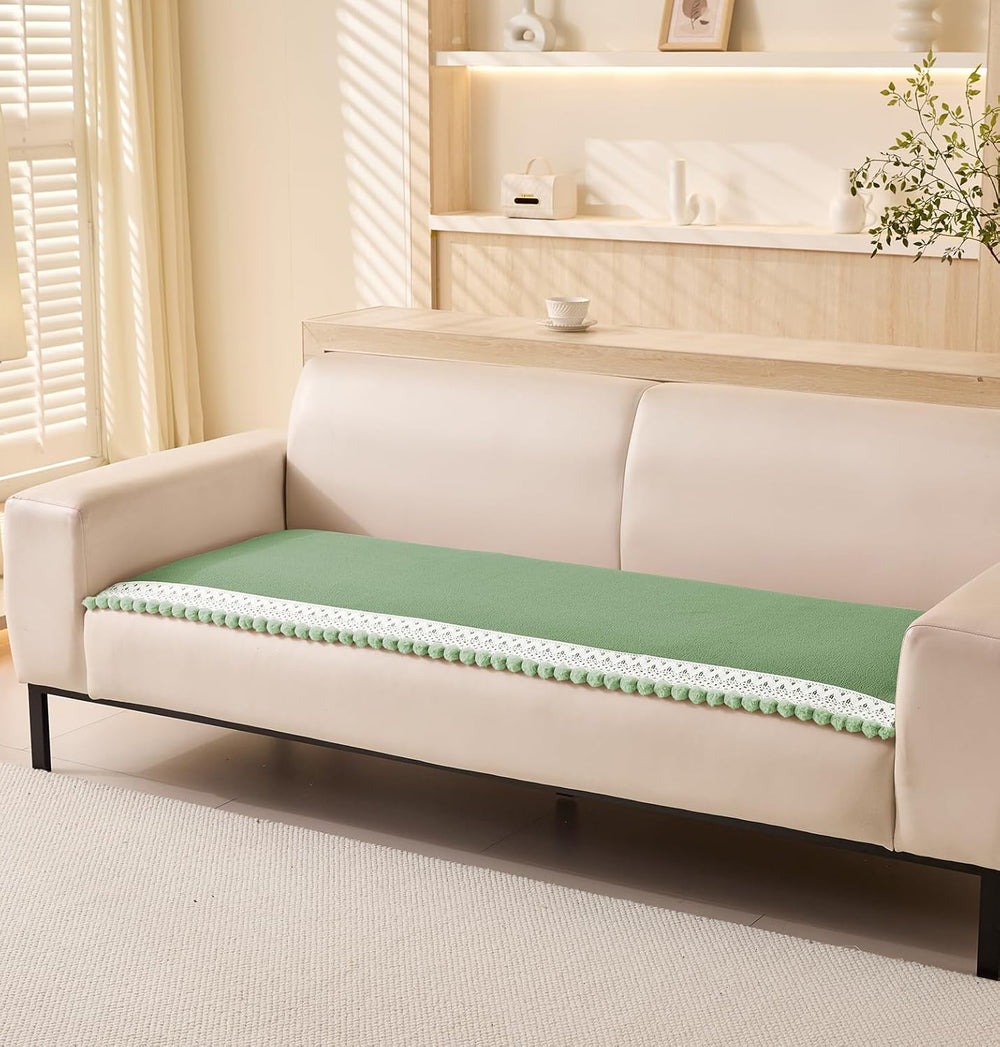 Chenille Fabric with Ball Tassels Sofa Cover Set – 3 Pcs Set (2pc Armrest Covers 50x70cm + 1pc Seat Cover) Green