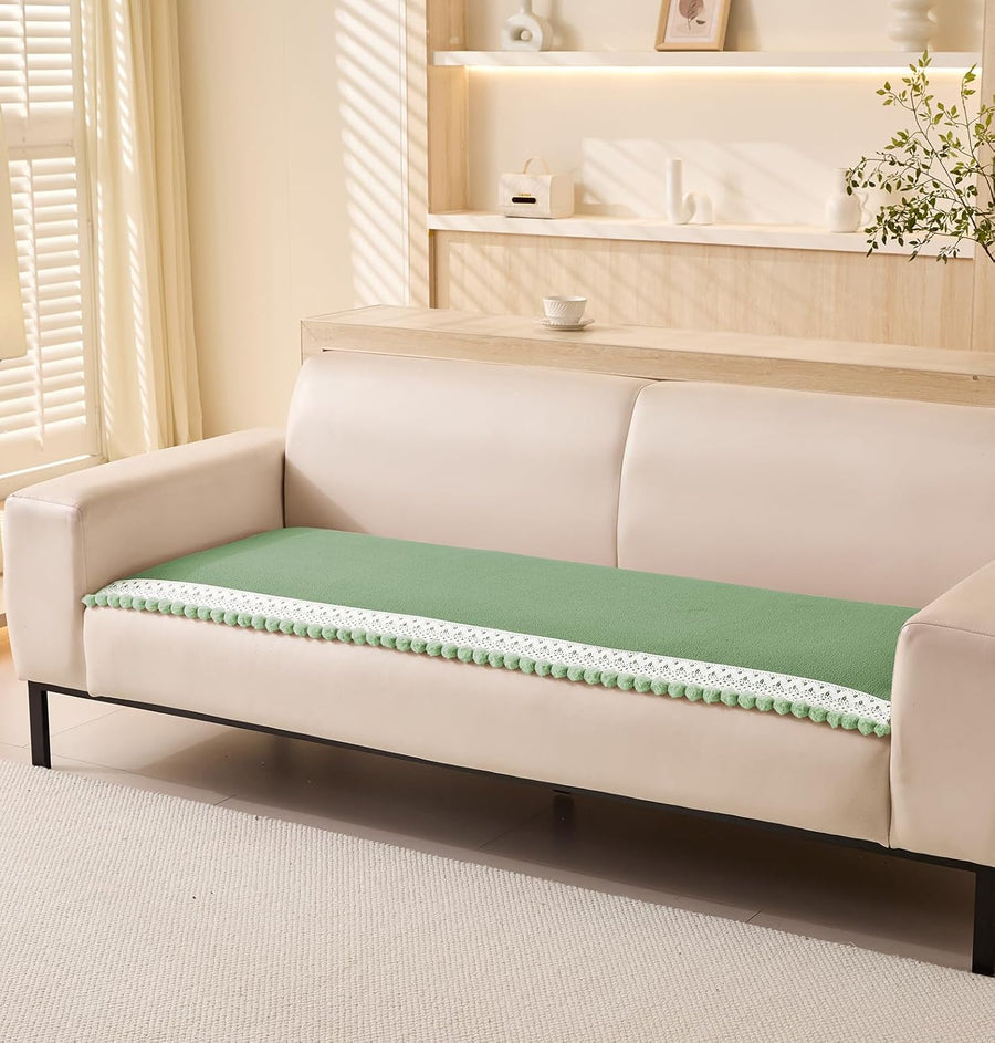 Chenille Fabric with Ball Tassels Sofa Cover Set – 3 Pcs Set (2pc Armrest Covers 50x70cm + 1pc Seat Cover) Green