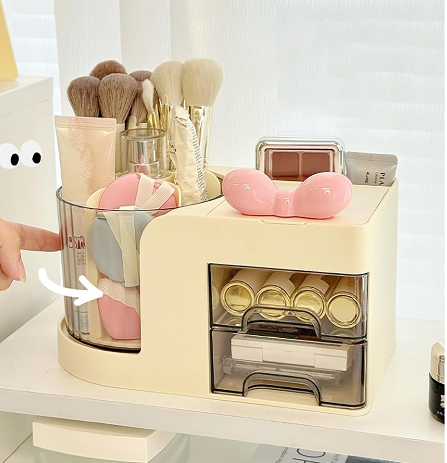 360° Rotating Desk Organizer with Mirror, 2 Drawers & 7 Slots