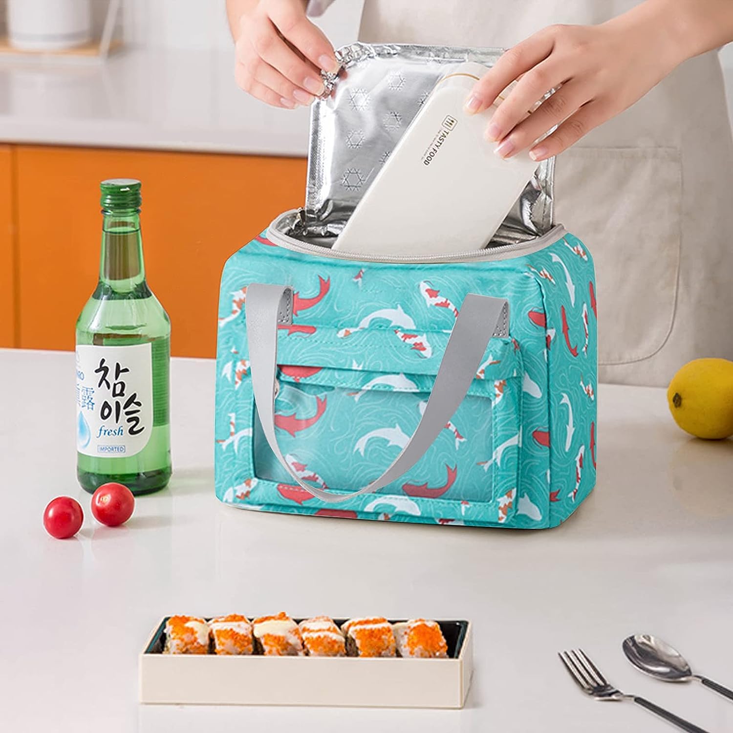 Women Lunch Bag for School Picnic Office Outdoor Gym (Green Dolphin)