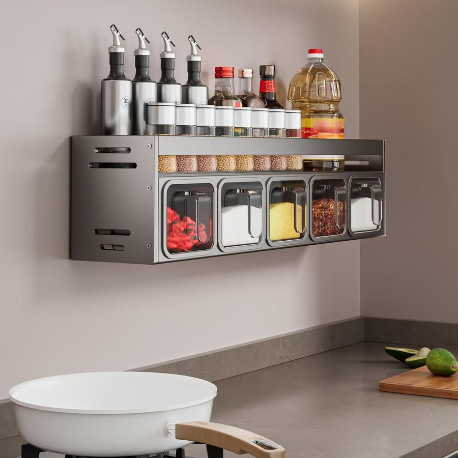 4 Slot Condiment Rack Holder, Wall Mounted & Countertops Organizer