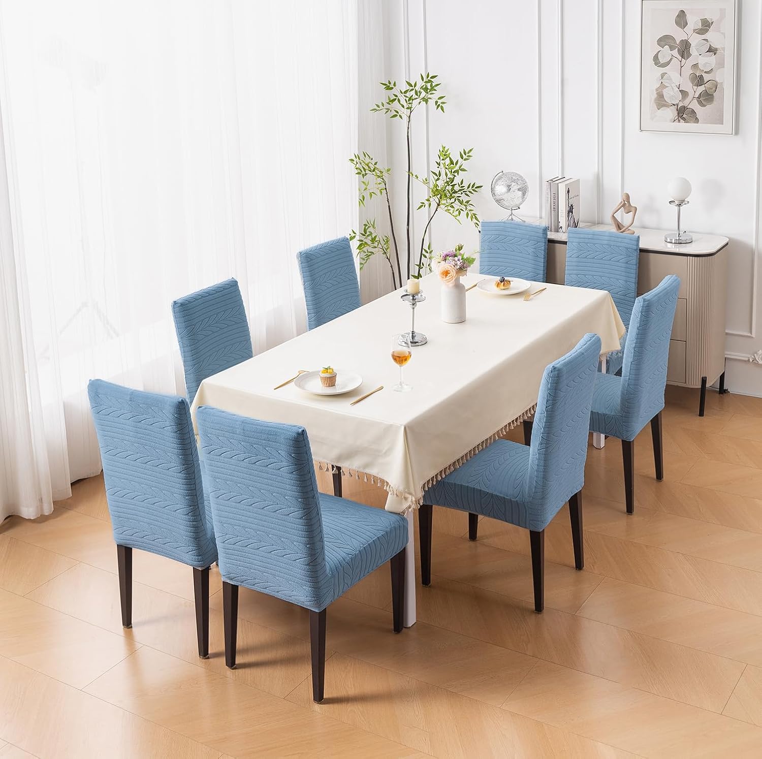 Flexible Stretch Dining Chair Cover 220 GSM Jacquard Fabric Universal Fit (Light Blue)