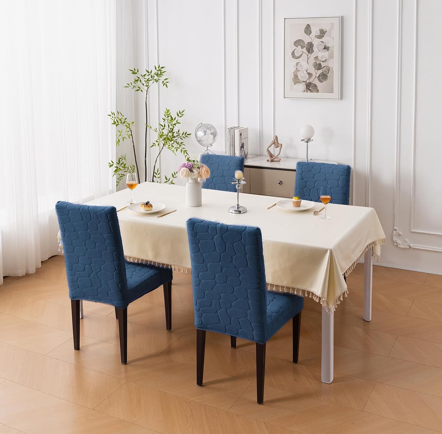 Premium Stretch Dining Chair Covers – 220 GSM Thick Jacquard Fabric- Navy