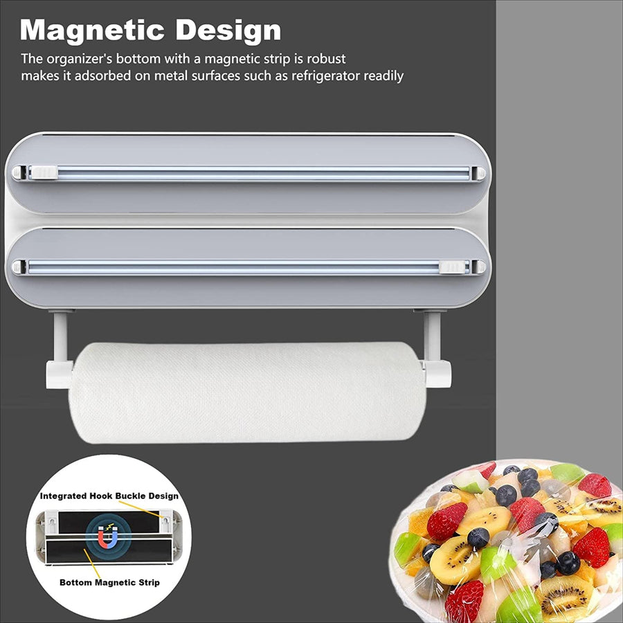 3-in-1 Magnetic Wrap Dispenser & Cutter – Aluminum Foil, Plastic Wrap & Paper Towel Organizer