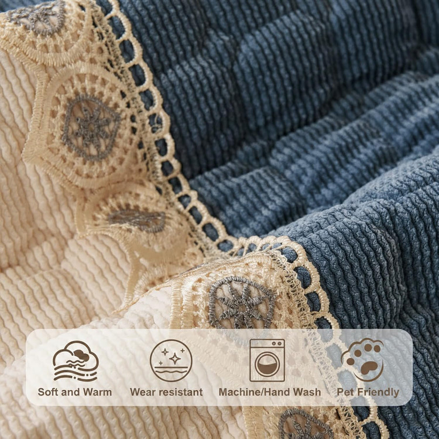 Waffle Quilt Corduroy Chenille Sofa Cover – Quilted, Non-Slip, Washable & Durable Protector (Blue)