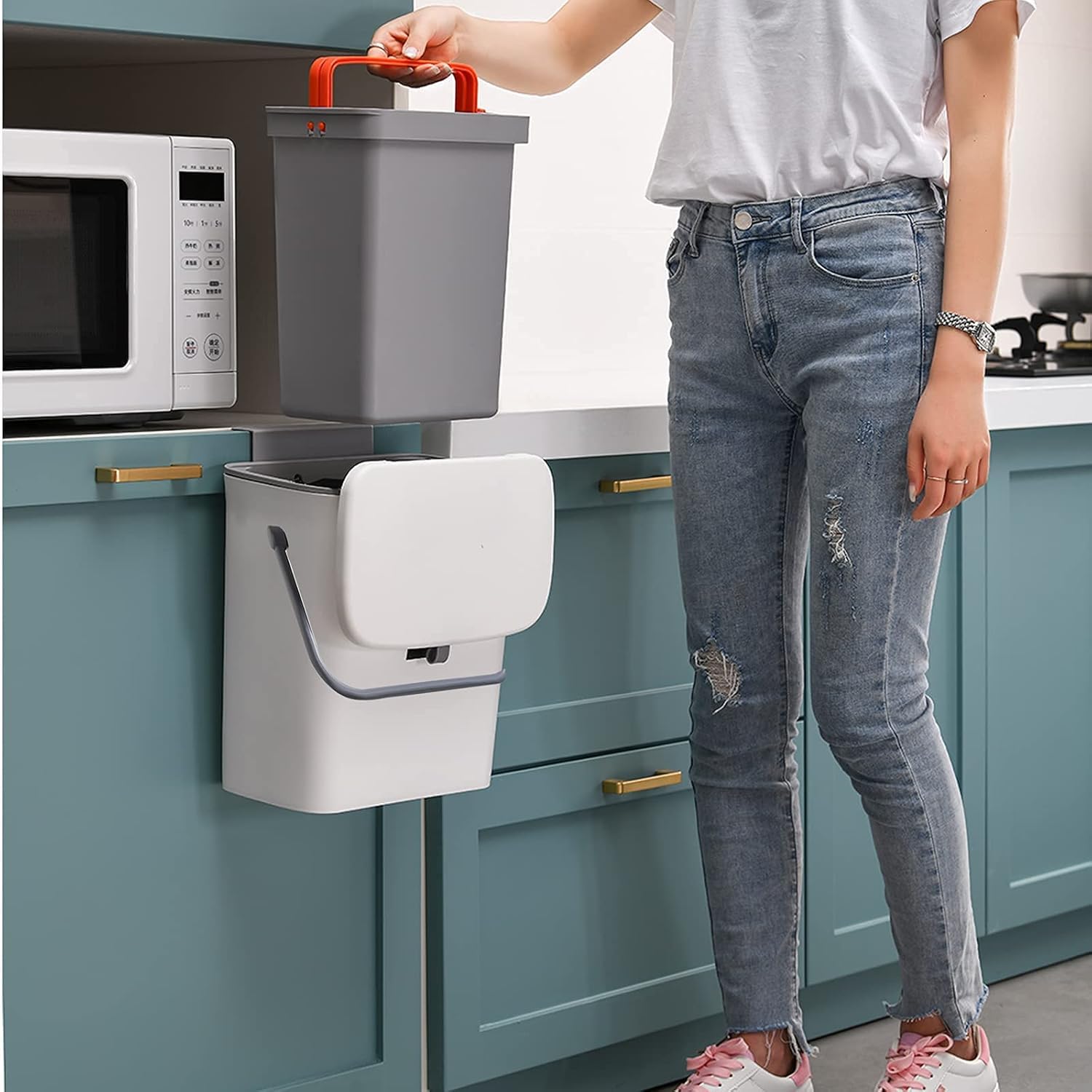 2-in-1 Wall & Cabinet Hanging Trash Can with Lid – 12.2L, Double-Sided Open (White/Grey)