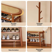 Bamboo Shoe Rack Bench with 4 Hook Coat Rack - Brown