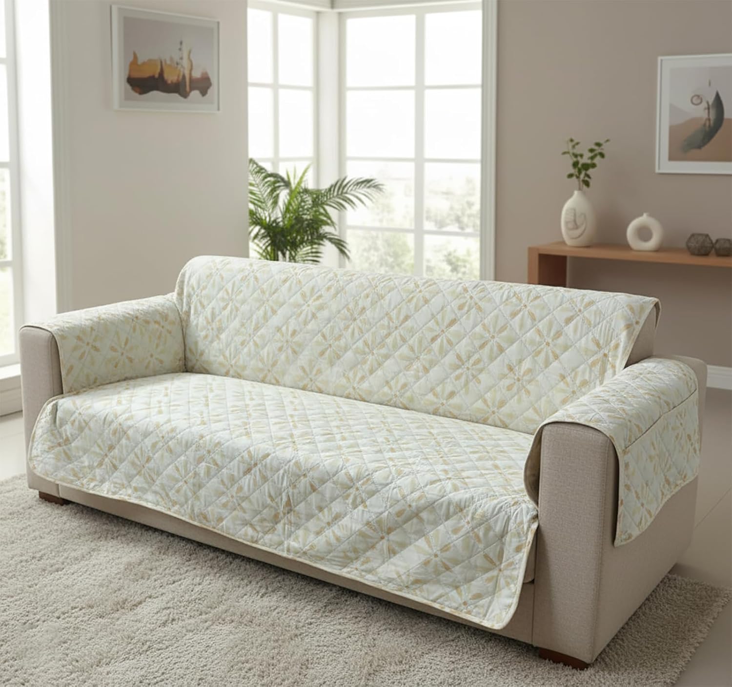Mughal Series Anti-Slip Sofa Cover Mat with Pocket – Polyester Couch Protector(Sunny Bloom)