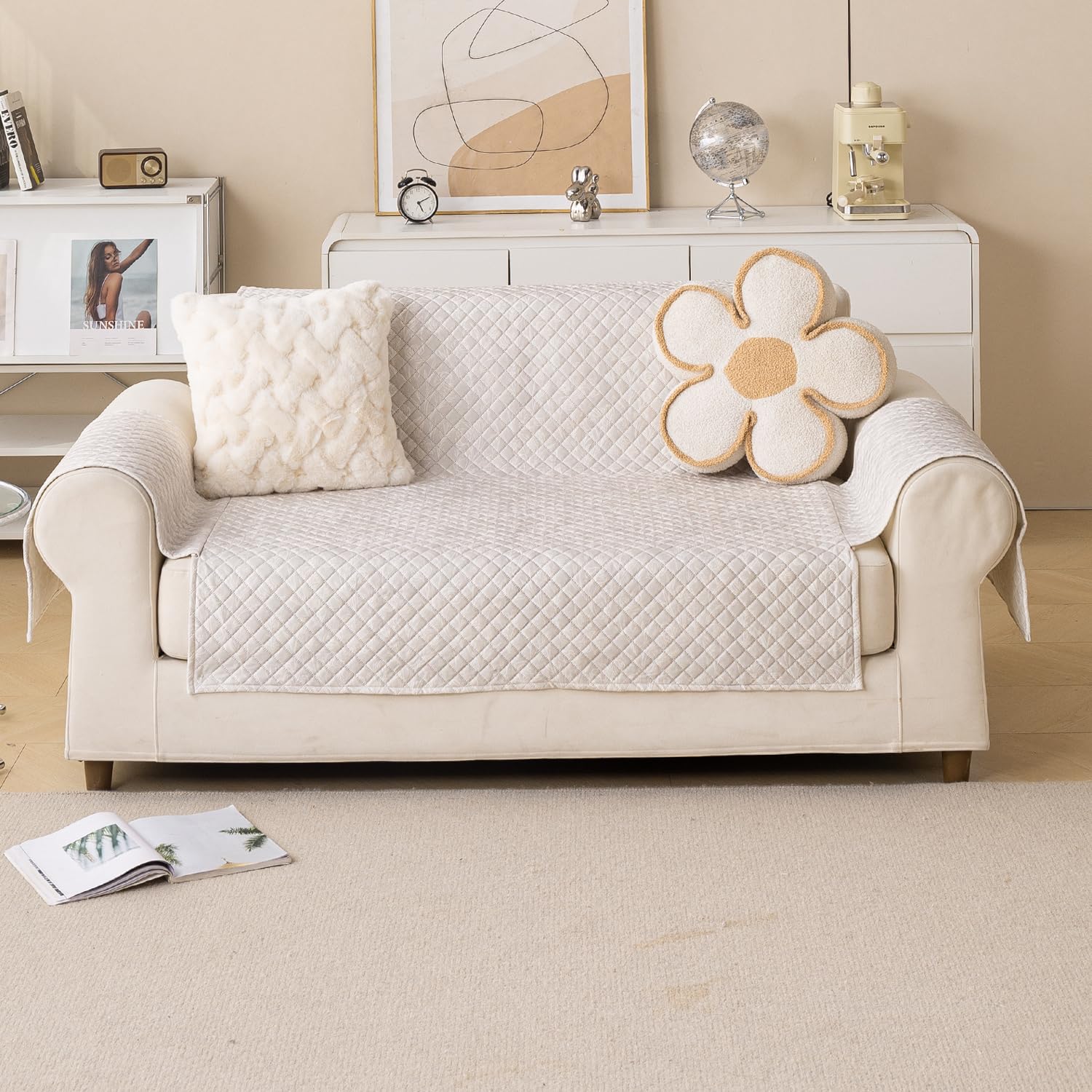 Quilted Printed Sofa Cover for Indian Sofa Set – Washable (Beige Stem)
