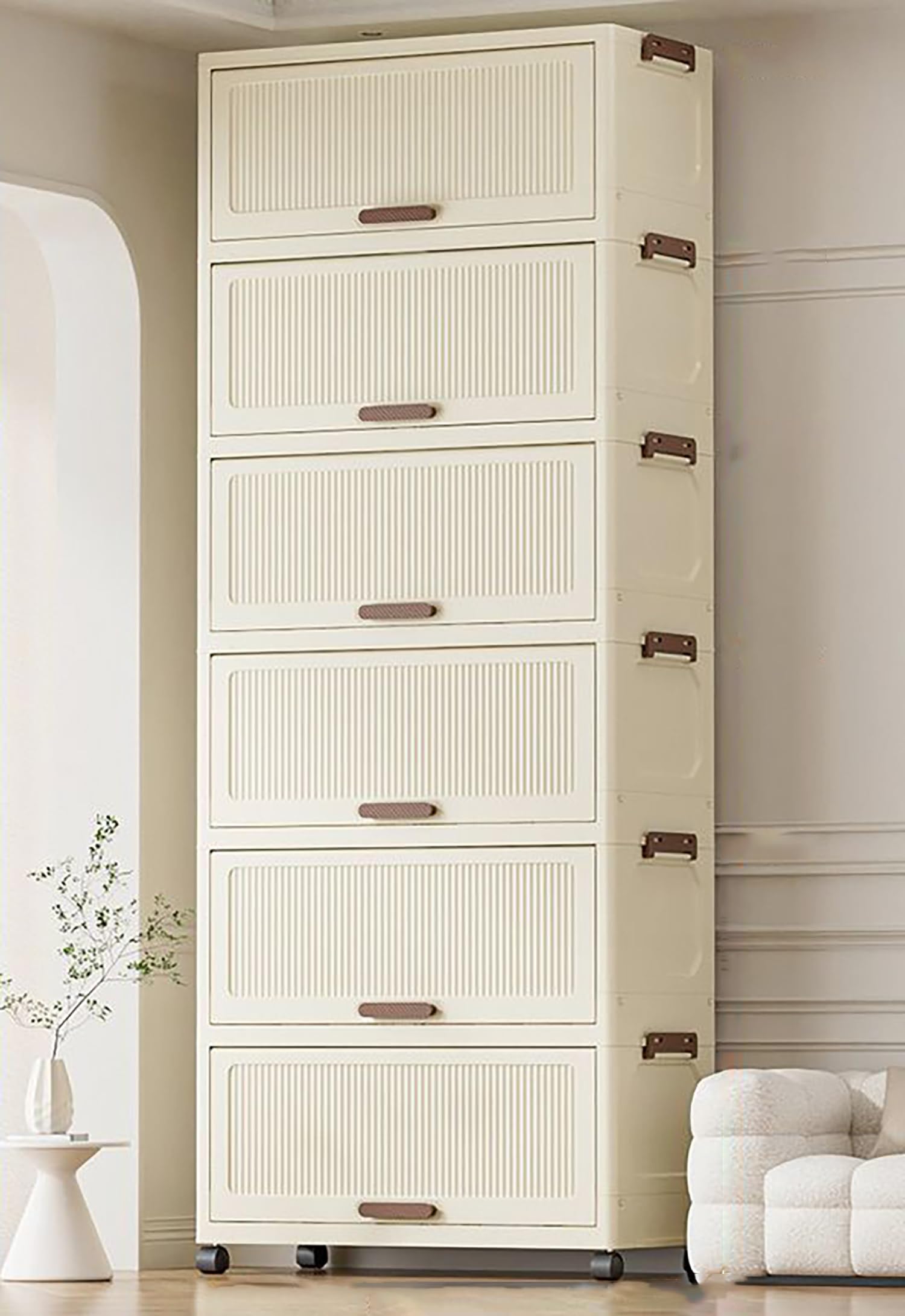 Storage Cabinet with Wheels Organizer with Multiple Compartments (Cream)