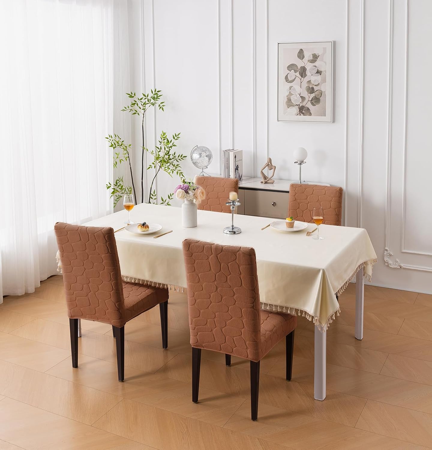 Premium Stretch Dining Chair Covers – 220 GSM Thick Jacquard Fabric- Khaki