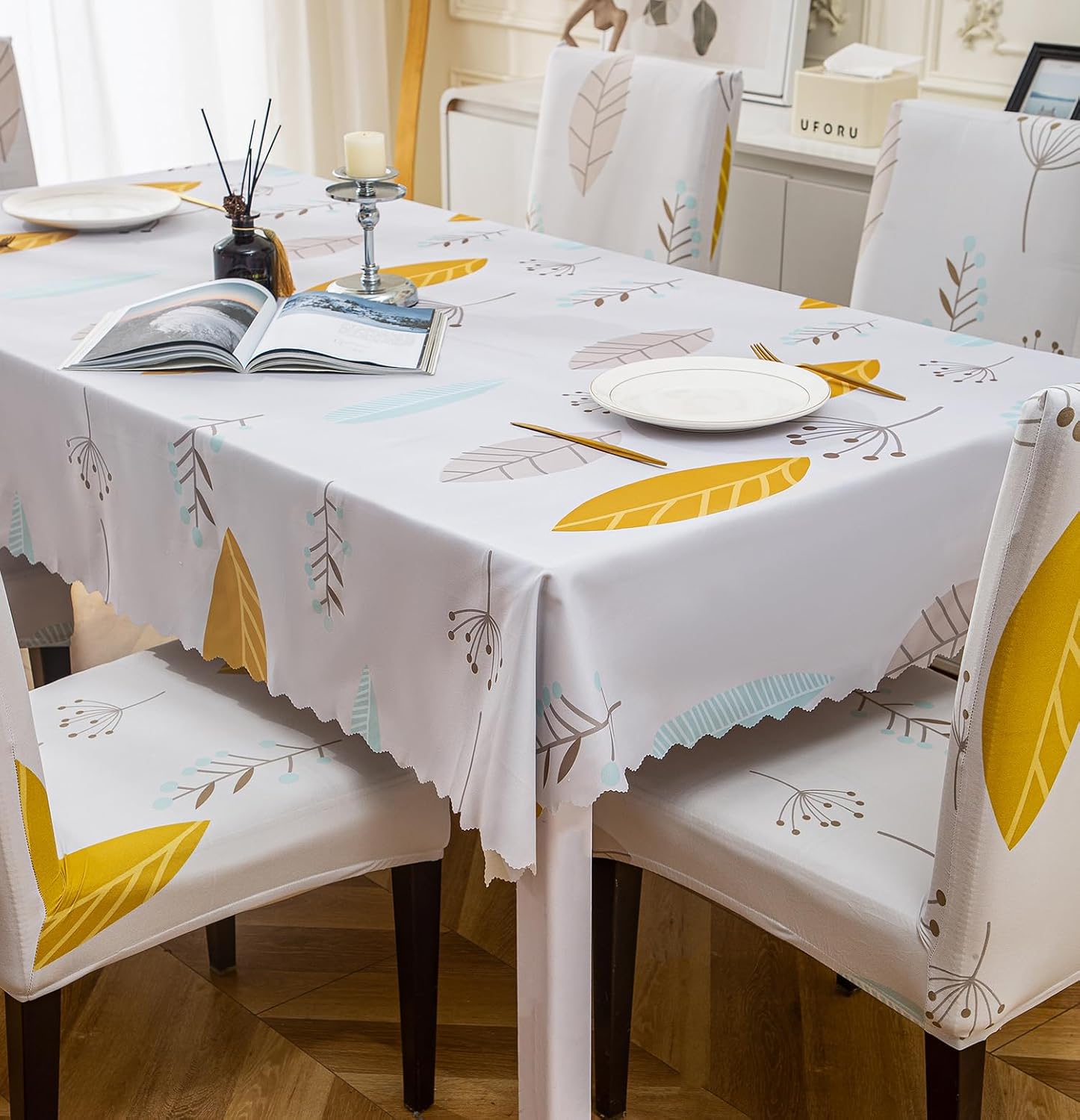 Dining and Table Cover (Yellow Autumnr, 1 Table Cover + 8 Chair Cover)