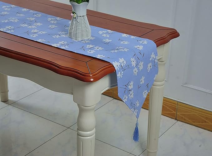 Table Runner, Linen Cotton Tassel Retro (1 Runner 30x140cm, 4 Placemat Blue Daisy)