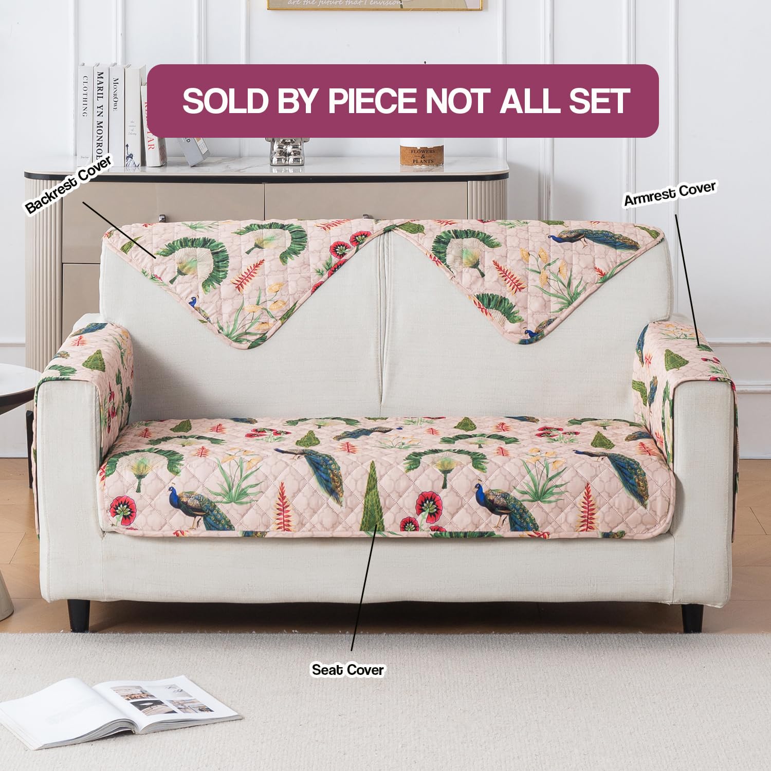 Printed Quilted Sofa Cover for 1/2/3/4 Seater Anti-Slip-Royal Peacock